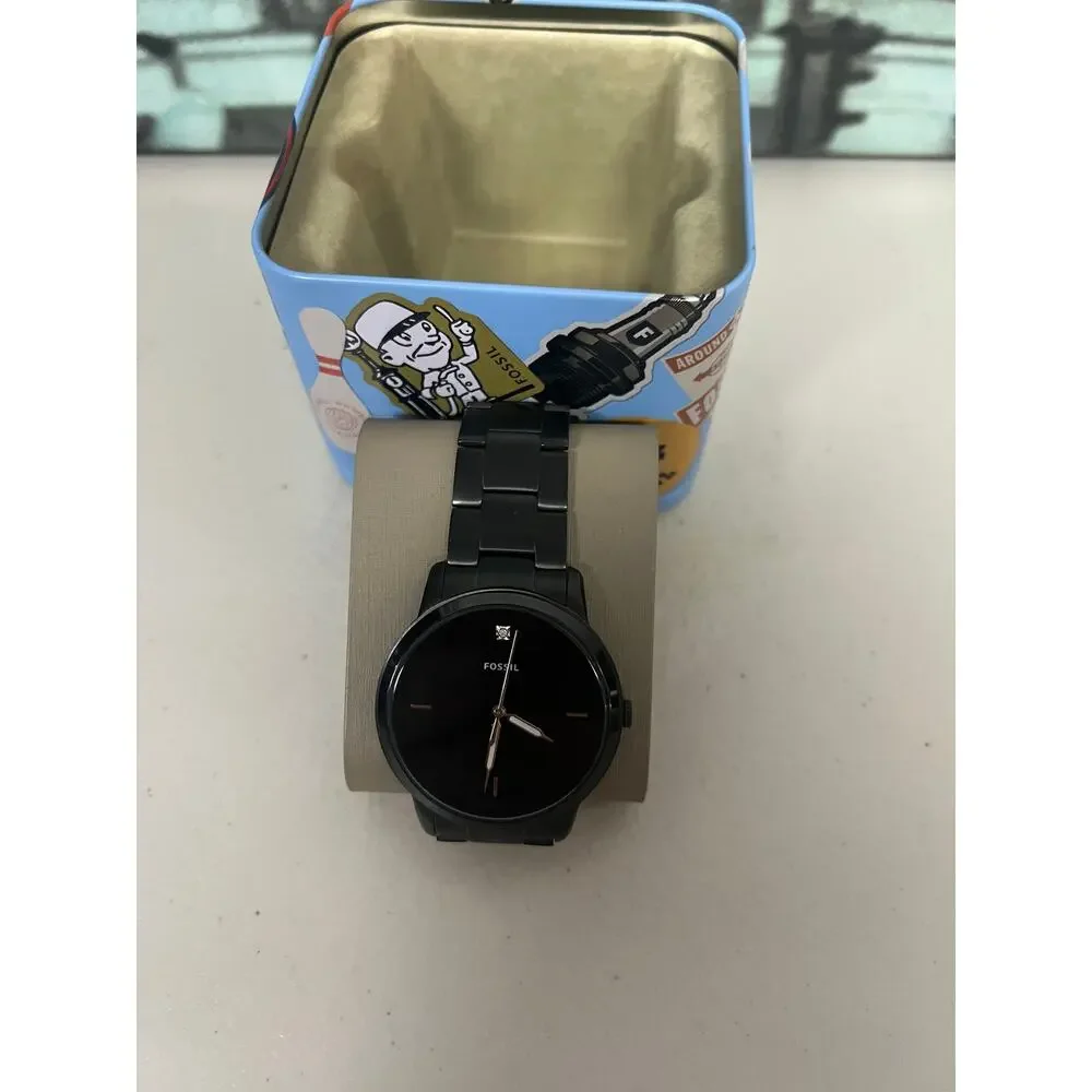 Fossil FS5455 Minimalist All Black Stainless Steel Diamond Accent Men Watch